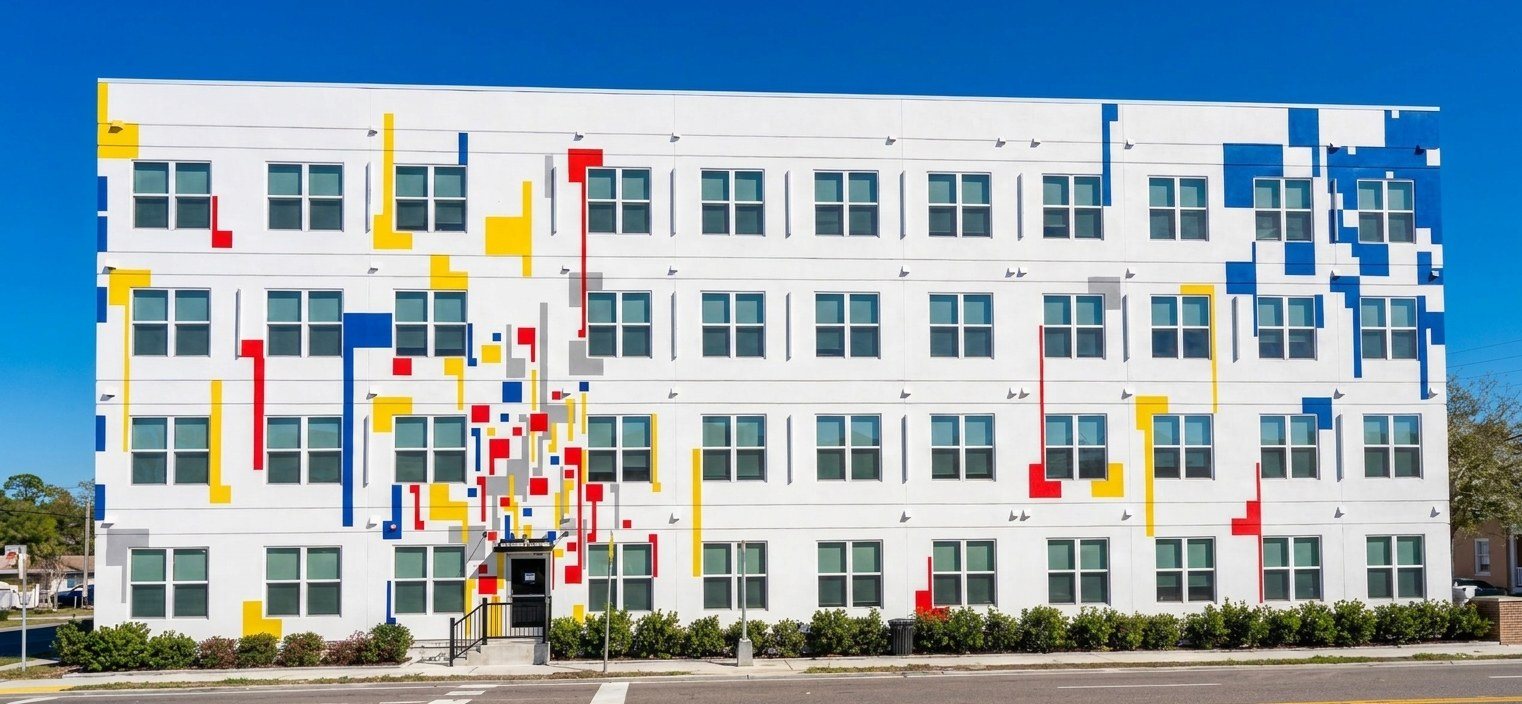 Front of Bradenton Lofts, a completed multifamily building with a colorful facade mural in downtown Bradenton, Florida